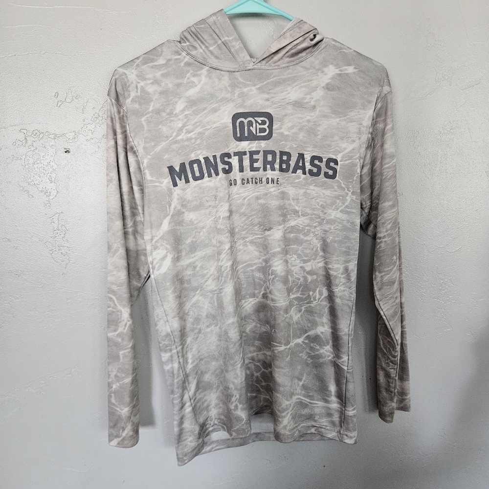 Monsterbass Mens XS Grey White Tie Dye Long Sleeve Hooded Shirt Outdoor Athletic